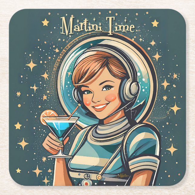 Retro Futuristisk Astro Flicka Martini Tid Underlägg Papper Kvadrat (Framsidan)