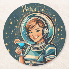 Retro Futuristisk Astro Flicka Martini Tid Underlägg Papper Rund