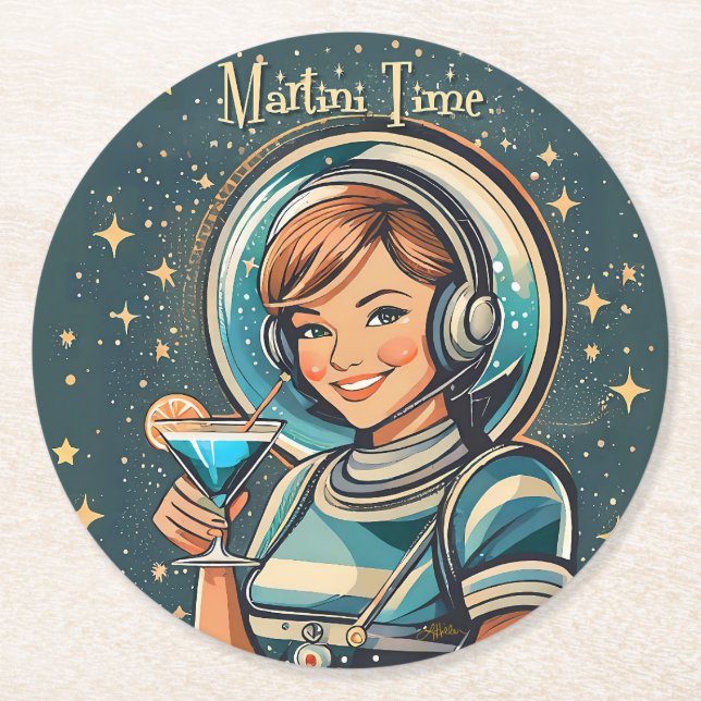 Retro Futuristisk Astro Flicka Martini Tid Underlägg Papper Rund (Framsidan)