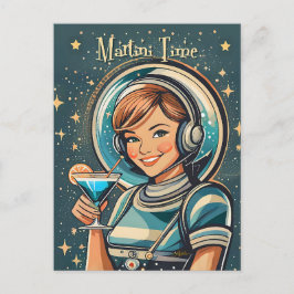 Retro Futuristisk Astro Flicka Martini Tid Vykort