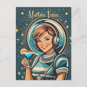 Retro Futuristisk Astro Flicka Martini Tid Vykort