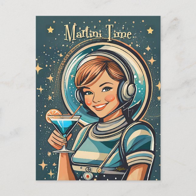Retro Futuristisk Astro Flicka Martini Tid Vykort (Framsida)