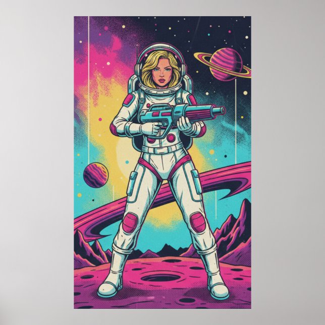 Retro Futuristisk Flickastronaut Poster (Framsidan)