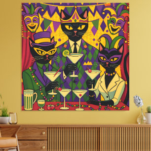 Retro Futuristisk Mardi Gras Svart Katt Martini Kl Canvastryck
