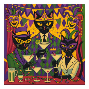 Retro Futuristisk Mardi Gras Svart Katt Martini Kl Fototryck