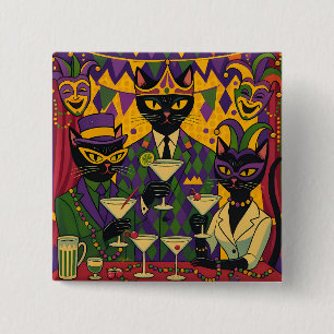 Retro Futuristisk Mardi Gras Svart Katt Martini Kl Knapp
