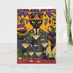 Retro Futuristisk Mardi Gras Svart Katt Martini Kl Kort