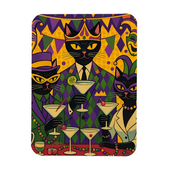 Retro Futuristisk Mardi Gras Svart Katt Martini Kl Magnet (Vertikal)