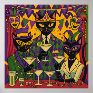 Retro Futuristisk Mardi Gras Svart Katt Martini Kl Poster