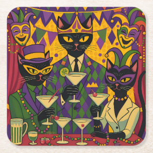 Retro Futuristisk Mardi Gras Svart Katt Martini Kl Underlägg Papper Kvadrat