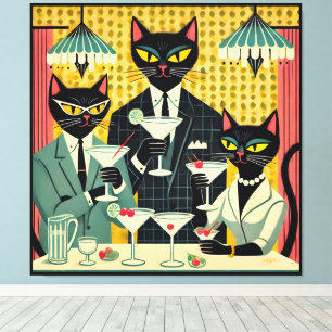 Retro Futuristisk Svart Katt Martini Klubb Canvastryck