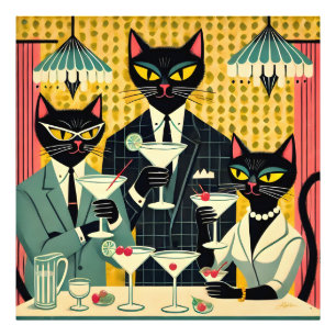 Retro Futuristisk Svart Katt Martini Klubb Fototryck