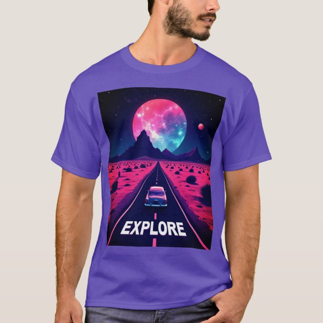 Retro-futuristisk Synthwave "UTFORSKA" Öken natt T Shirt (Framsida)