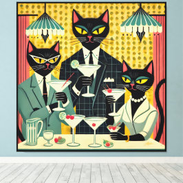 Retro Futuristiska Black Cat Martini Klubb Canvastryck