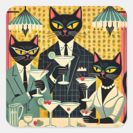 Retro Futuristiska Black Cat Martini Klubb Fyrkantigt Klistermärke