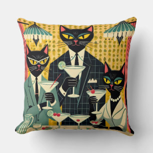 Retro Futuristiska Black Cat Martini Klubb Kudde