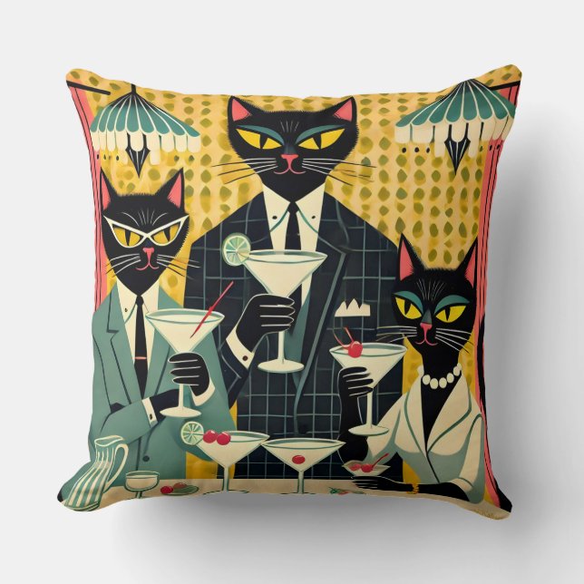 Retro Futuristiska Black Cat Martini Klubb Kudde (Framsida)