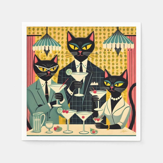 Retro Futuristiska Black Cat Martini Klubb Pappersservett (Framsidan)