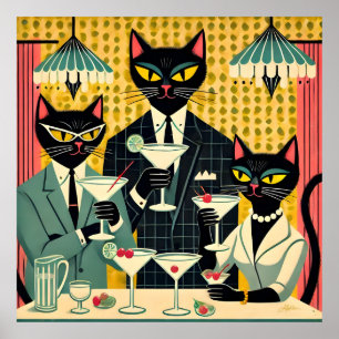 Retro Futuristiska Black Cat Martini Klubb Poster