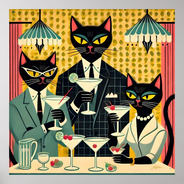 Retro Futuristiska Black Cat Martini Klubb Poster (Framsidan)