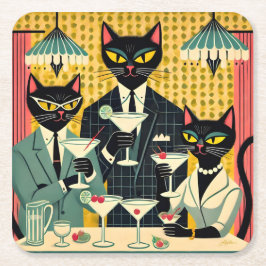 Retro Futuristiska Black Cat Martini Klubb Underlägg Papper Kvadrat