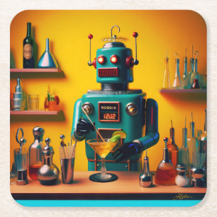 Retro Futuristiska Robot ROBIA 12J2 Mixolog Underlägg Papper Kvadrat