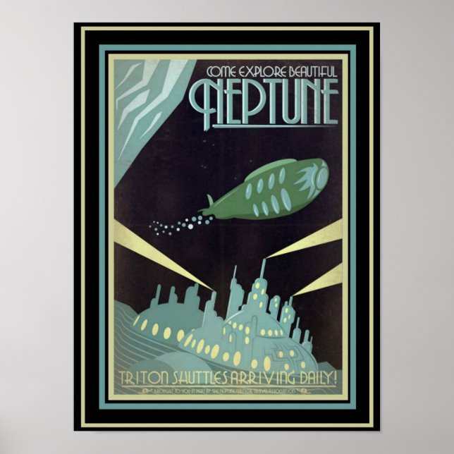 Retro Futuristiska Travel Neptune Poster 12 x 16 (Framsidan)