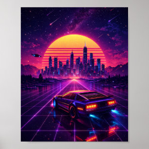 Retro Futuristiskt Neon Stad Bil Affisch