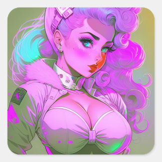 Retro Galactic Pinup Girl Sticker Fyrkantigt Klistermärke