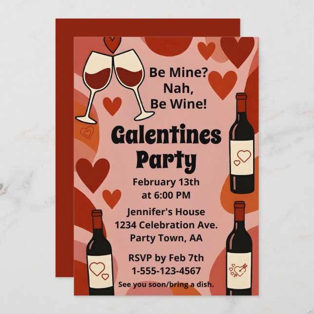 Retro Galentine Be Wine Fun Party Personalized Inbjudningar (Fram/baksida)