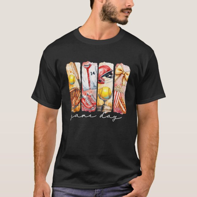 Retro Game Day Softball Coquette Bow Baseball Soft T Shirt (Framsida)