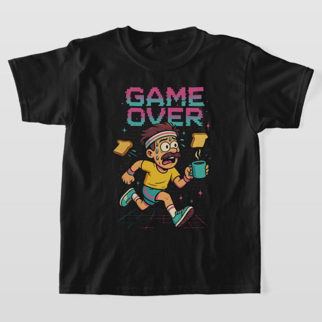 Retro “Game Over” Coffee Rush – Funny Running Cart T Shirt (Laydown)