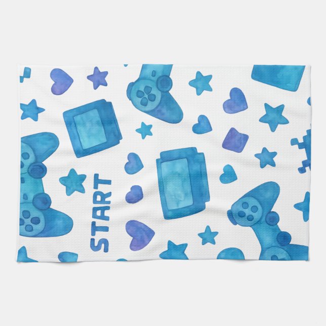 Retro Gamer Mönster Kitchen Towel - Blue Kökshandduk (Horisontell)