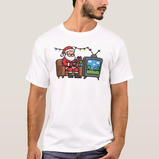 Retro Gamer Santa Pixel Jul T Shirt (Framsida)