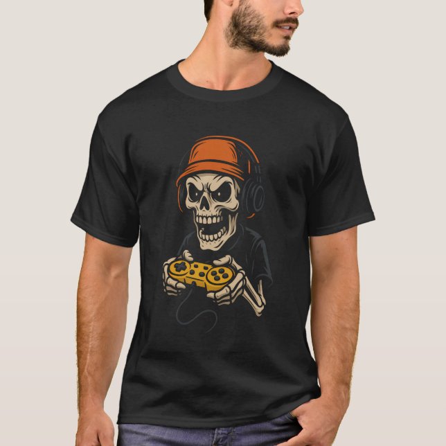 Retro Gamer Skeleton Arcade Headset Halloween T Shirt (Framsida)