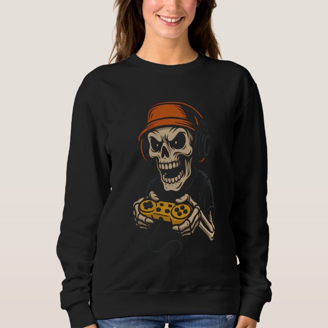 Retro Gamer Skeleton Arcade Headset Halloween T Shirt (Framsida)