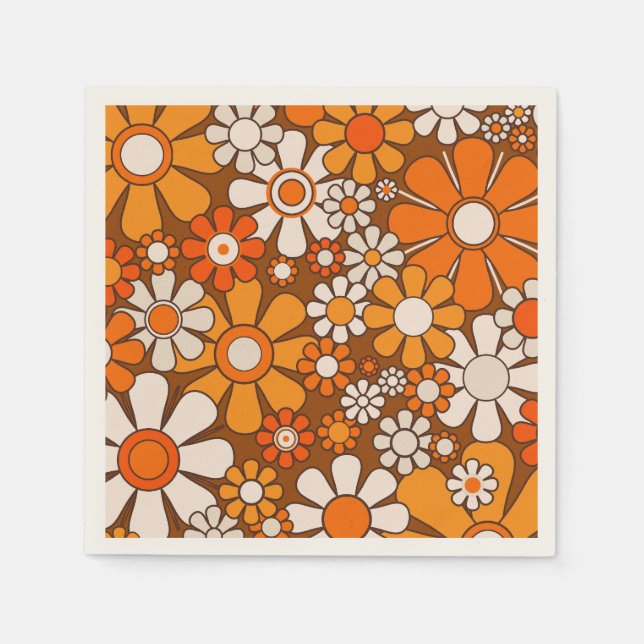 Retro Garden Blommigt 60-tal 70-tal Mönster Brown  Pappersservett (Framsidan)