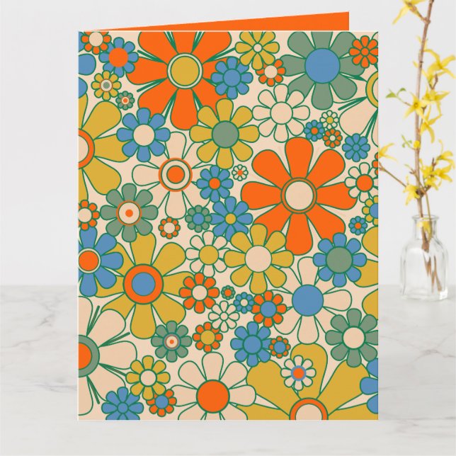 Retro Garden Blommigt 60s 70-tal Mönster Orange Kort (Gul blomma)