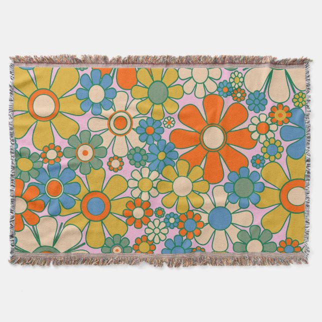 Retro Garden Flowers 60 s 70-tal Blommönster Filt (Framsidan)