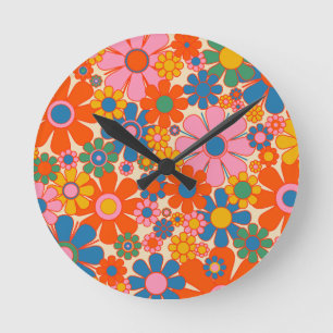 Retro Garden Flowers Colorful 60 s 70-talets Blomm Rund Klocka