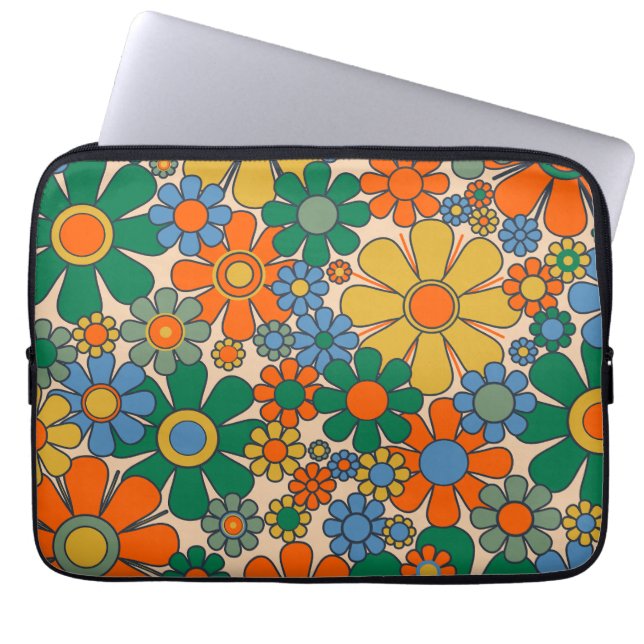 Retro Garden Flowers Groovy 60 s 70 Blommönster Laptop Fodral (Framsidan)
