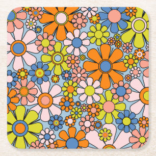 Retro Garden Flowers Groovy 70-talet Vår Blommigt Underlägg Papper Kvadrat
