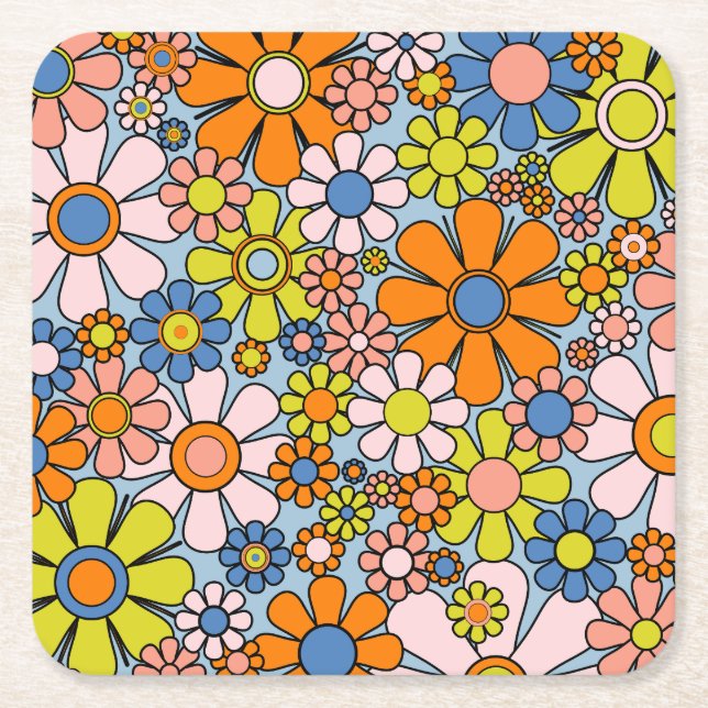 Retro Garden Flowers Groovy 70-talet Vår Blommigt Underlägg Papper Kvadrat (Framsidan)