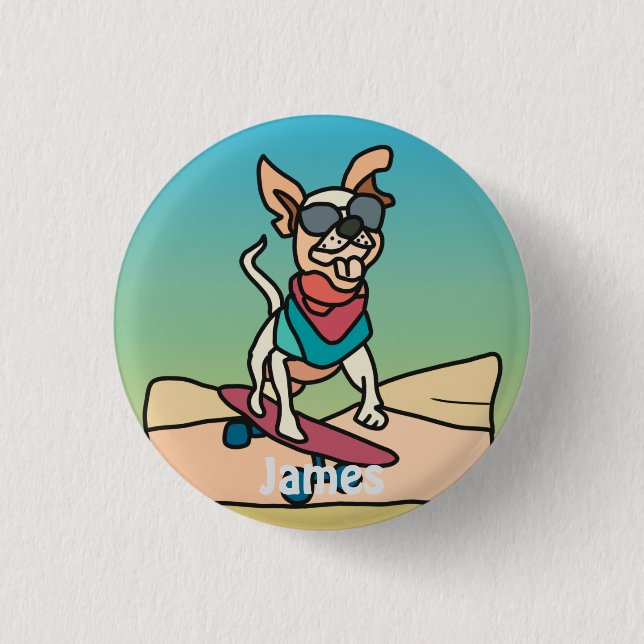 Retro gatudog med solglasögon på skateboard knapp (Framsida)