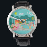 Retro Gay Bassäng Party Watch Armbandsur<br><div class="desc">Denna Retro Gay Party Watch-design i Bassäng har fyra vildfångare som har en homosexuell tid när de slår Handflatan Vår-värmen genom att klumpa runt turkosblått vatten i deras atombomerangformade simmande bassäng. Den moderna arkitekturen i mitten av århundradet på det fantastiska, orange stenhuset är helt klart det verkliga gods, med tanke...</div>