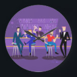 Retro Gay Pub Runt väggklocka för akryl<br><div class="desc">Den här Retro Gay Pub-upplösningen för akrylavårdssluss är lila, kitschy och fullkomligt fantastisk! Sitta i mitten av århundradet har moderna barstooler, dricker sin roligt, rosa drycker, dessa dapperherrar har en gay-tid. Den rosa bartenen har redan vunnit nästa runda. Ljushetterna från atomvätska i flaskor går längs väggen och ljusfixturen i vintage...</div>
