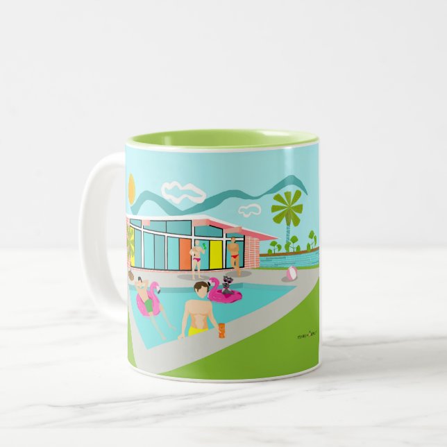 Retro Gay Rosa Flamingo Bassäng Party Två-Tonad Mugg (Framsida vänster)