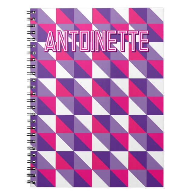 Retro Geometric Abstract Pink Purple & White Name Anteckningsbok (Framsidan)