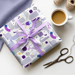 Retro Geometric Abstrakt Pat#4 Lila Blue ID1067 Presentpapper<br><div class="desc">Bygg upp den charm som finns i det moderna stil i mitten av århundradet med denna Memphis-inspirerade geometriska abstrakta utformning. Med en färgfull palett med violett lila, baby blue och gyllene gulter på en skarp vit bakgrund, fångar den här presentfiguren mönster den feta men raffinerade estetiken av den koniska designrörelsen....</div>
