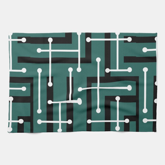 Retro Geometric Art Maze Teal Kökshandduk (Horisontell)